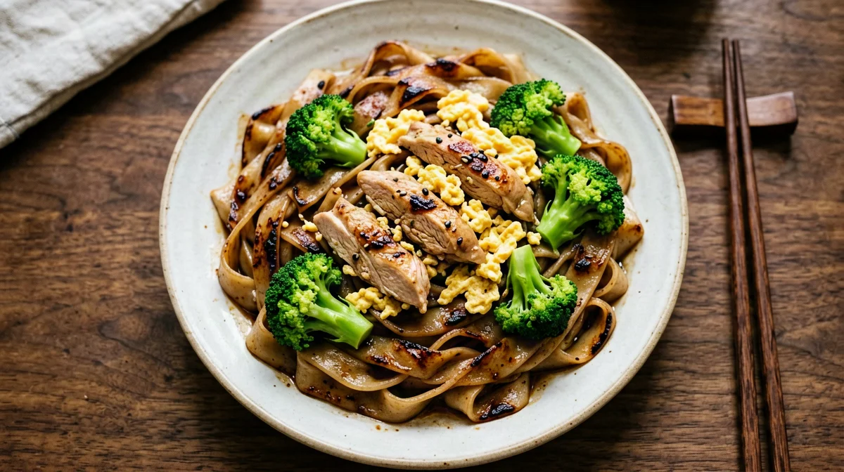 Chicken pad see ew with broccoli and rice noodles