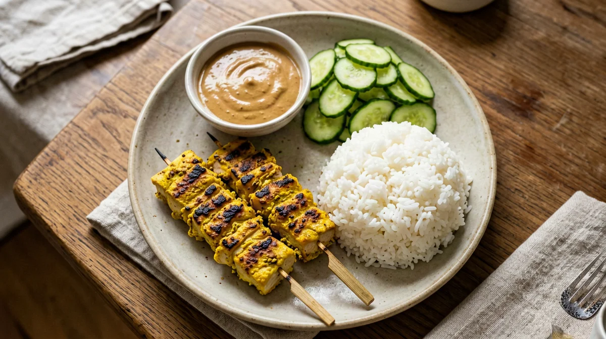 Chicken satay with peanut sauce and pickled cucumber
