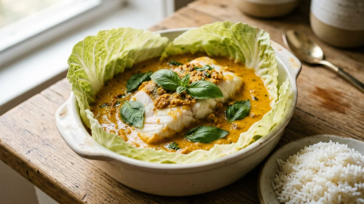 Merluzzo al curry rosso al cartoccio con cavolo