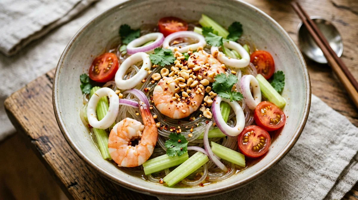 Yum woon sen glass noodle salad with prawns and squid