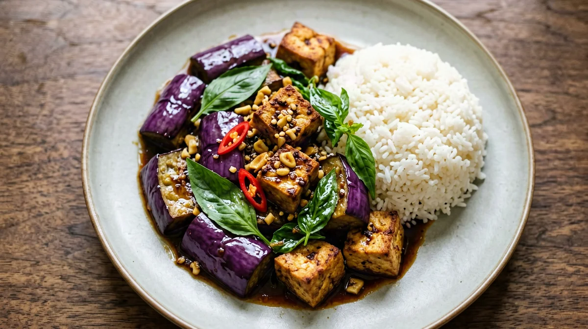Melanzane e tofu saltati al basilico thai