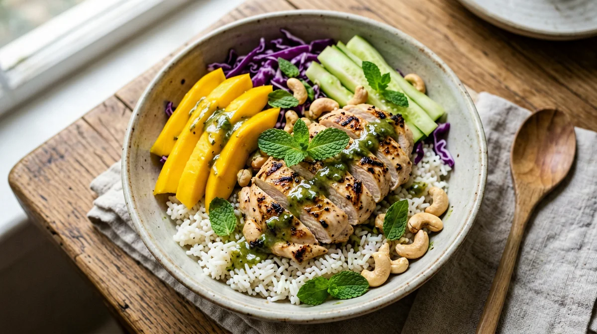 Insalata di mango, pollo e anacardi al lime