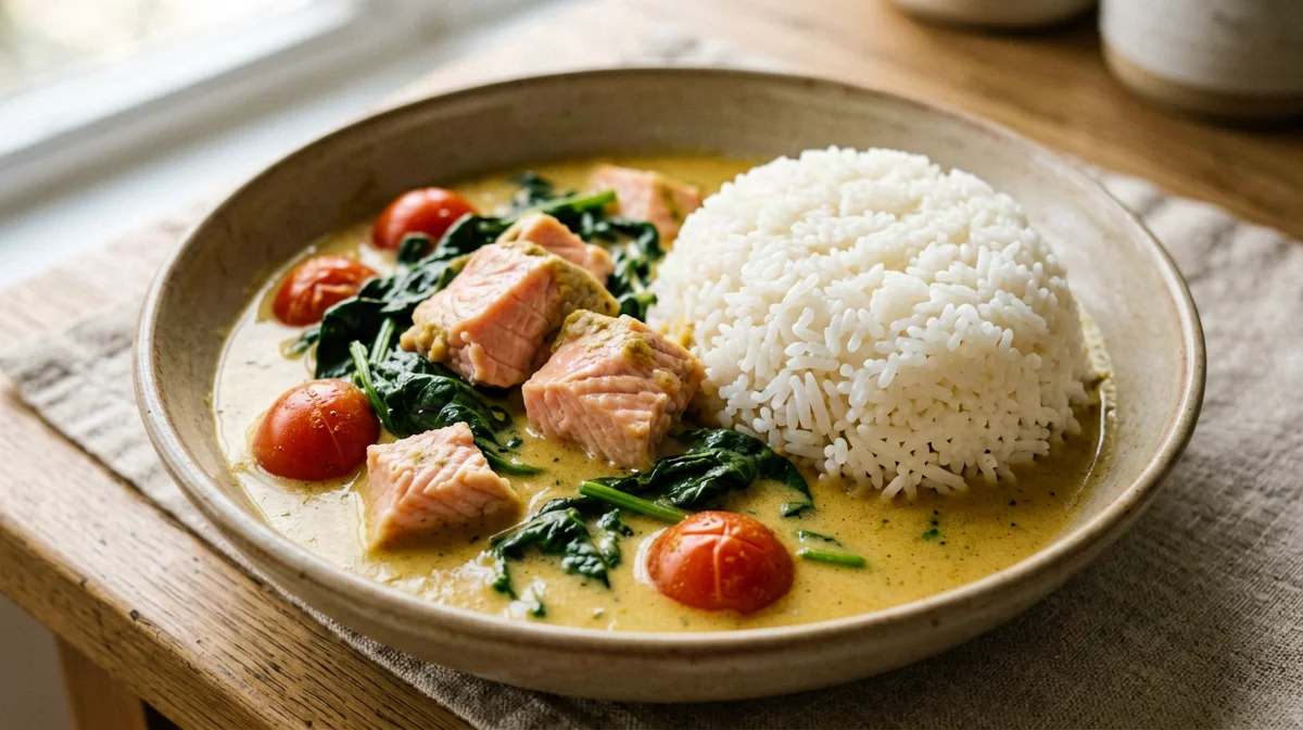 Salmone al curry giallo con spinaci e riso jasmine