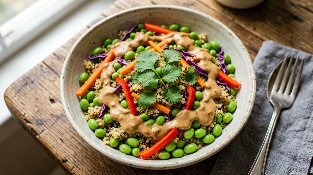 Thai quinoa and edamame salad with peanut dressing