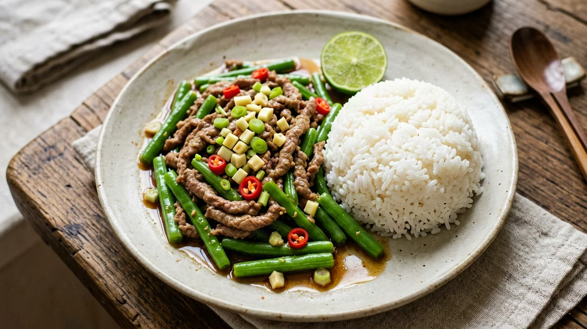 Maiale al lime e citronella con fagiolini e riso