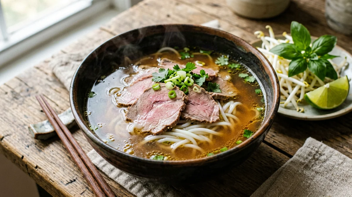 Beef pho bo with rice noodles and fresh herbs