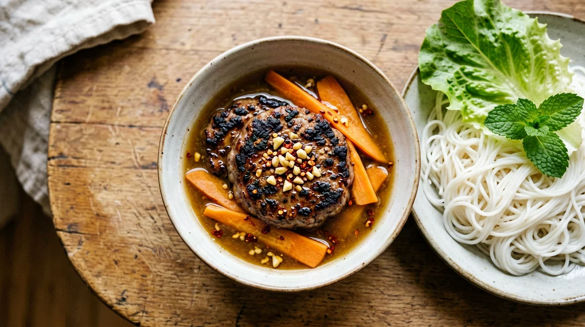 Bun cha grilled pork patties with noodles and herbs