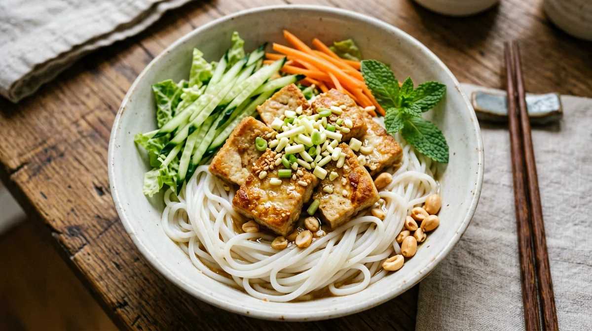 Bun chay with lemongrass tofu, noodles and raw vegetables