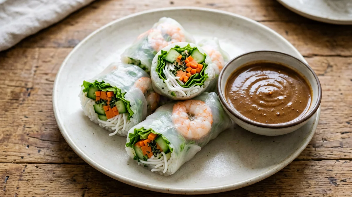 Fresh rice paper rolls with prawns and mint