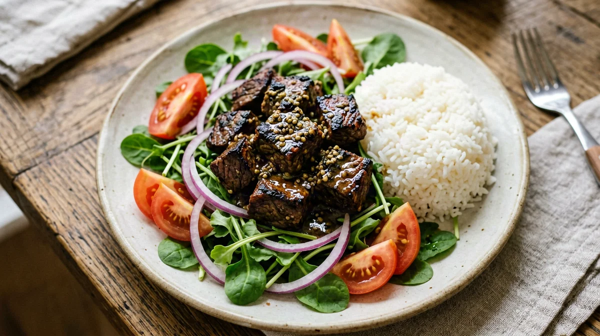 Bo luc lac shaking beef with watercress and rice