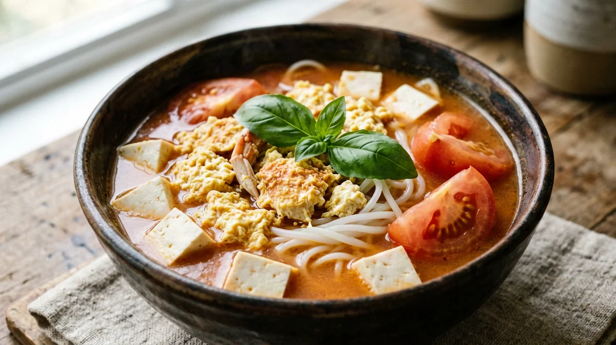 Zuppa di noodle al pomodoro con granchio e tofu