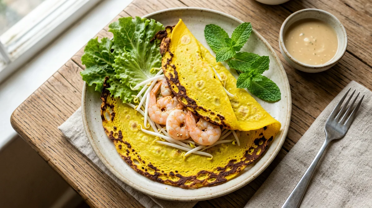 Banh xeo crispy rice and turmeric crêpe with prawns