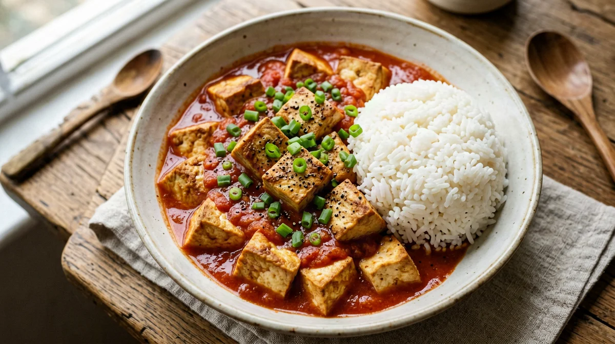 Vietnamese tofu in tomato sauce with rice