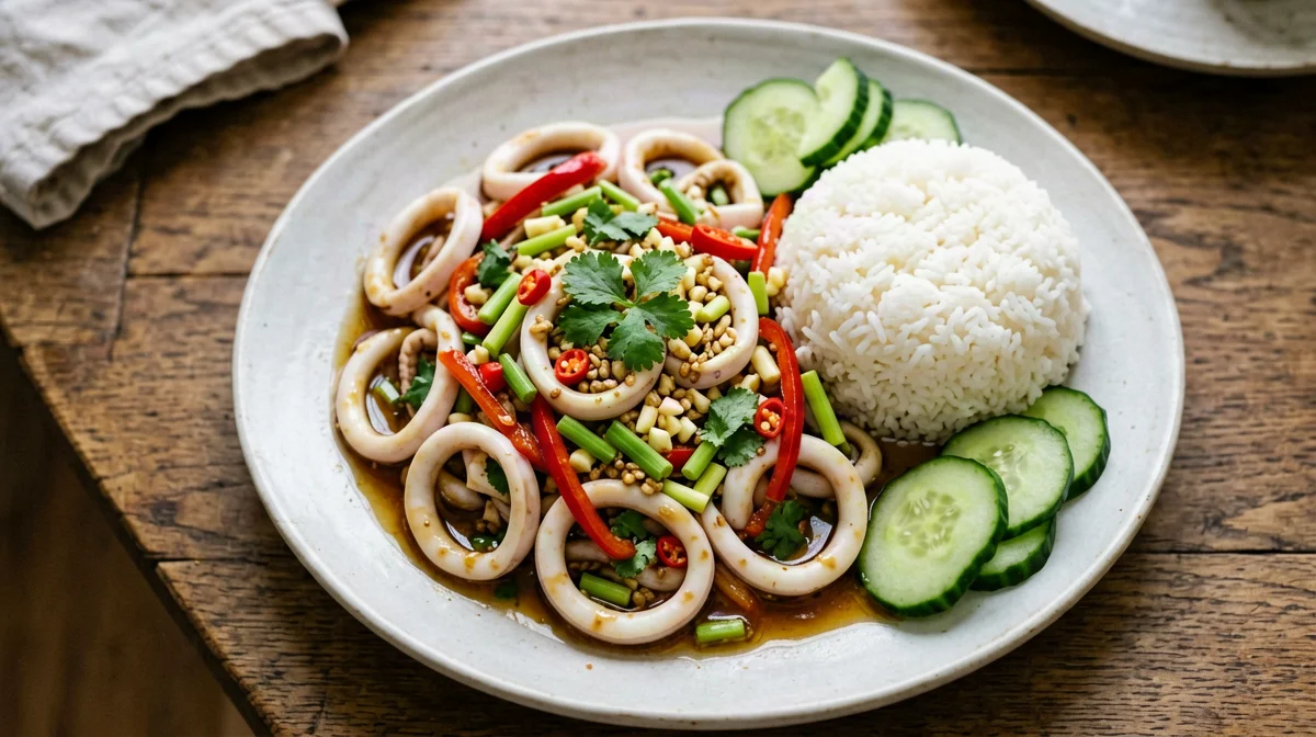 Calamari alla citronella e peperoncino con riso e cetriolo