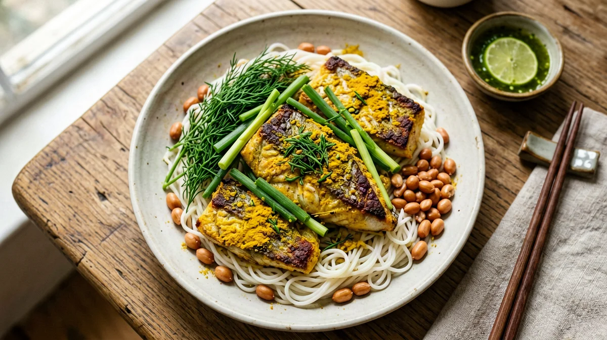 Cha ca di pesce alla curcuma e aneto con noodle di riso