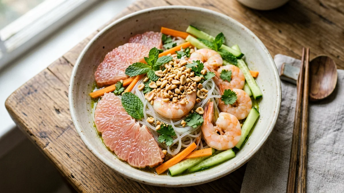 Insalata di pomelo e gamberi con menta e arachidi