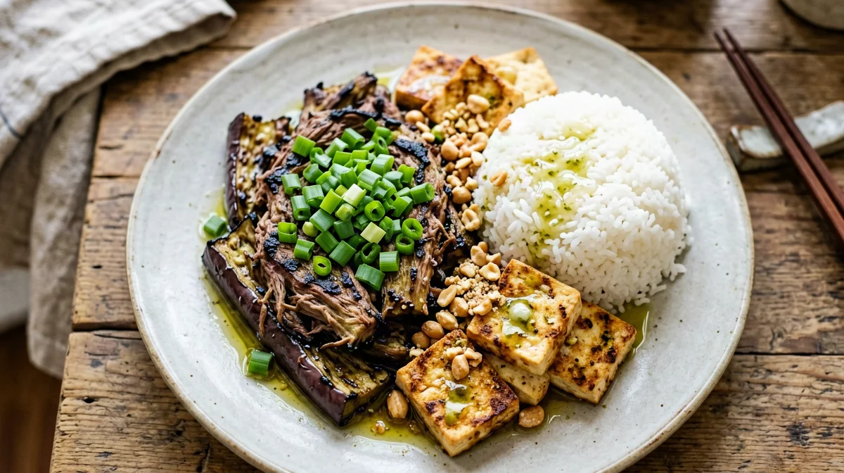 Melanzane grigliate alla vietnamita con cipollotti e tofu