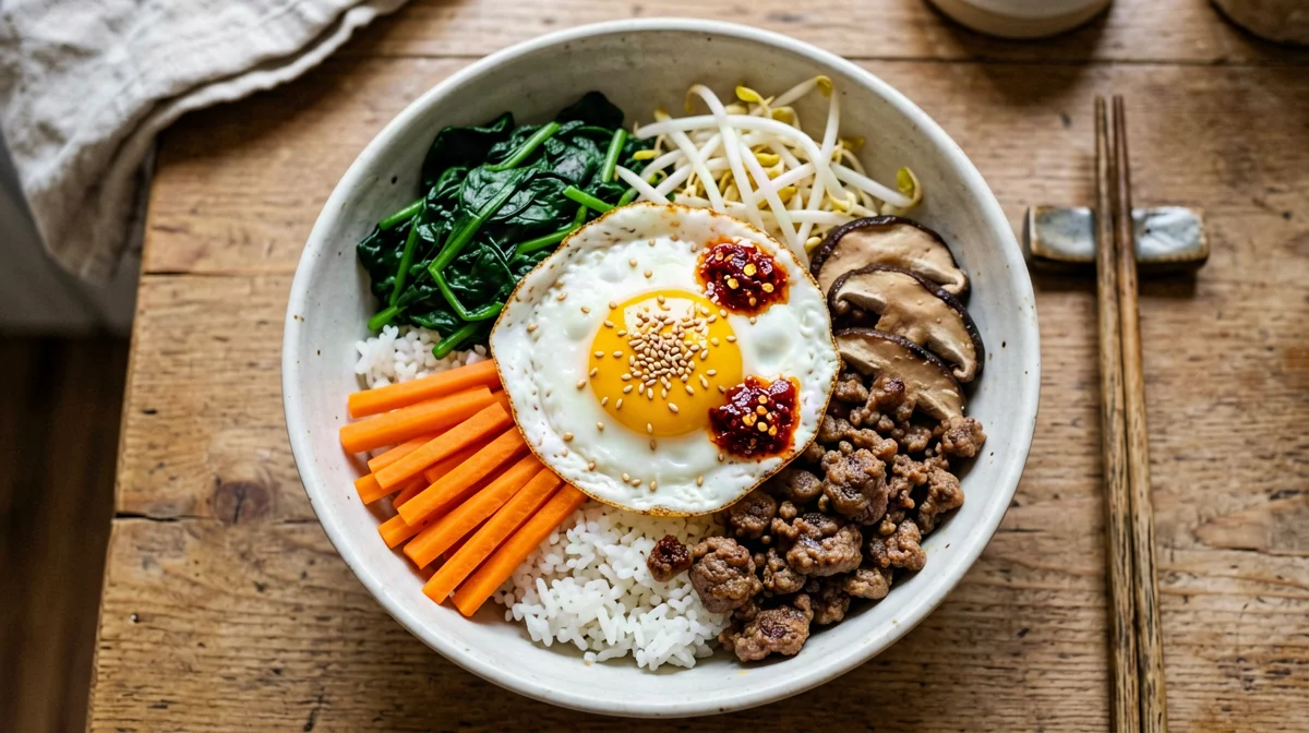 Beef bibimbap with sautéed vegetables and egg
