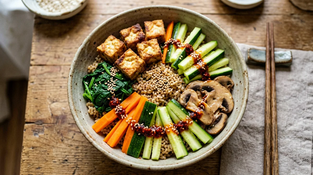 Vegan bibimbap with crispy tofu and mushrooms