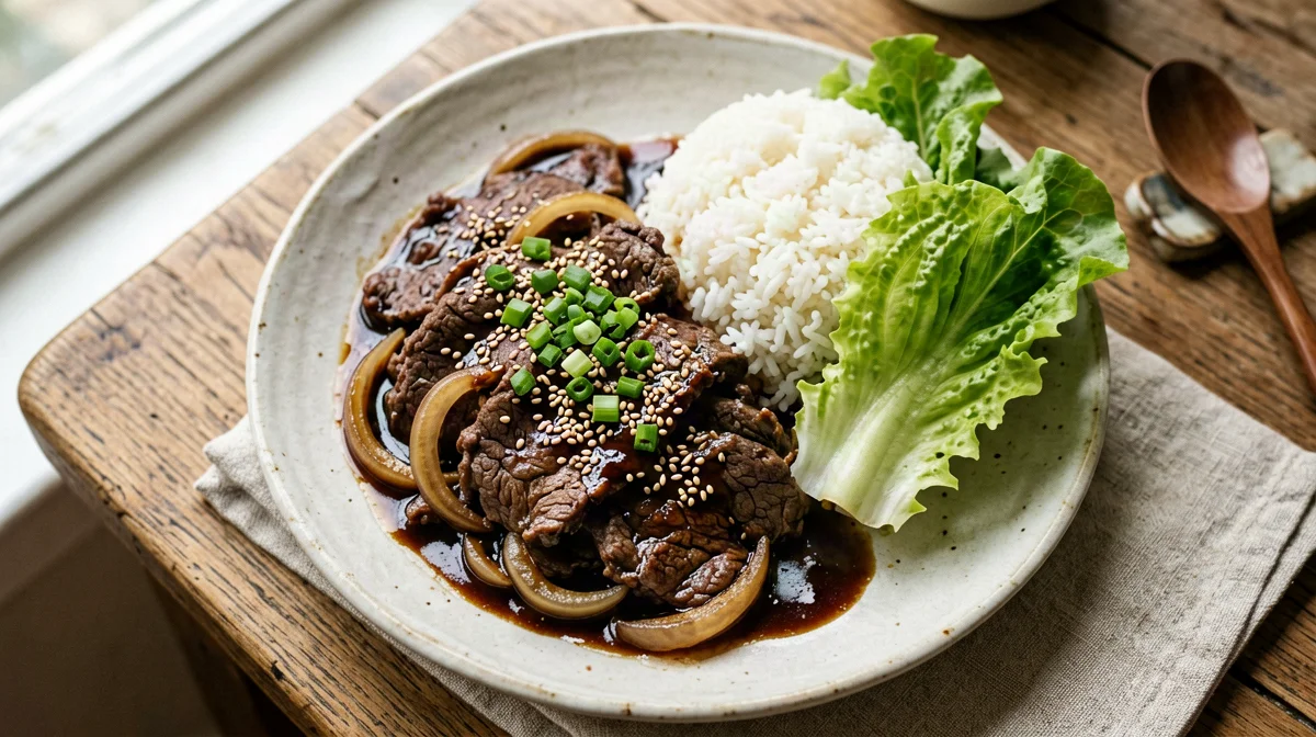 Beef bulgogi with rice and lettuce wraps