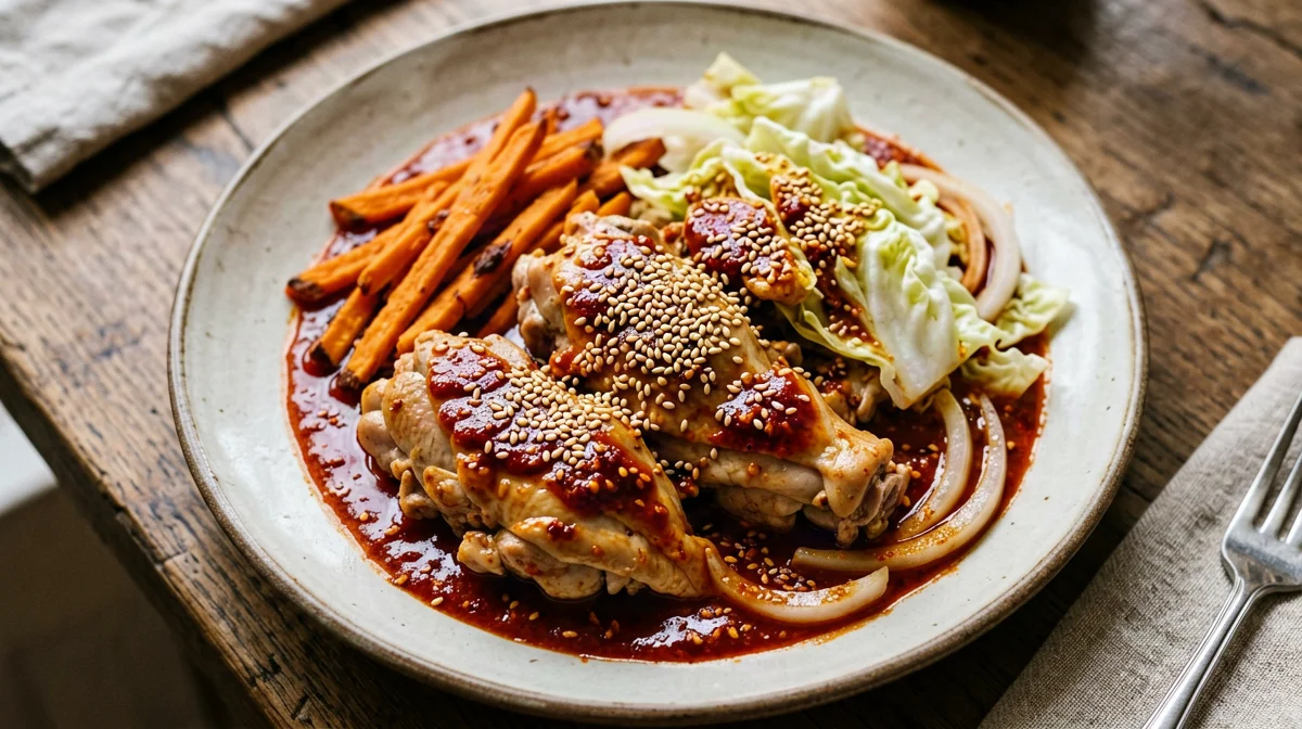 Dakgalbi di pollo piccante con cavolo e patate dolci