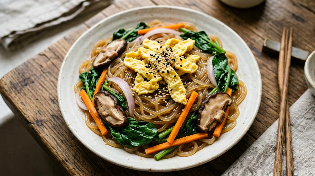 Japchae glass noodles with spinach, mushrooms and egg