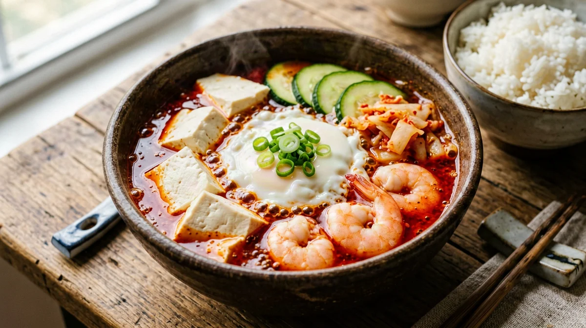 Sundubu jjigae, stufato piccante di tofu setoso e gamberi