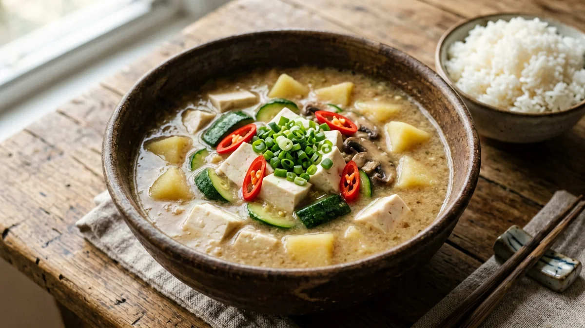 Doenjang jjigae miso stew with tofu, zucchini and potato