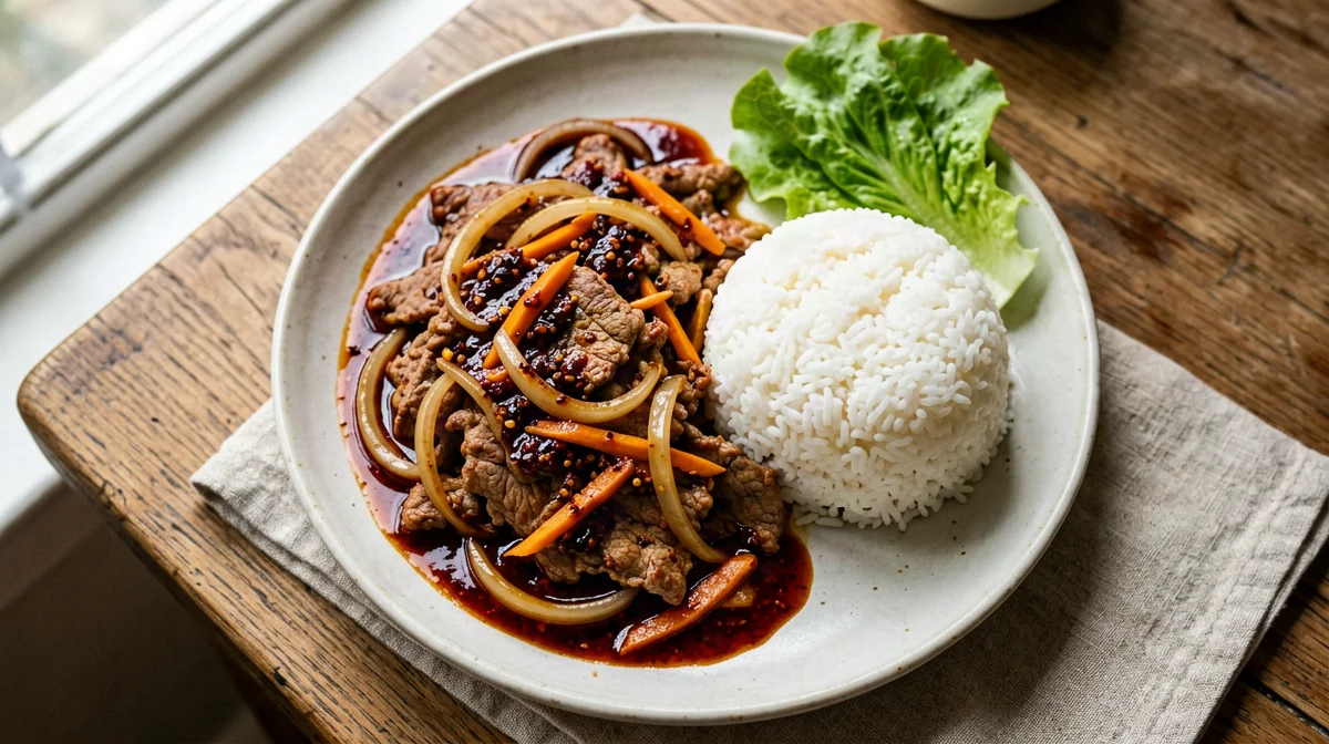 Jeyuk bokkeum, maiale piccante saltato con cipolla e riso