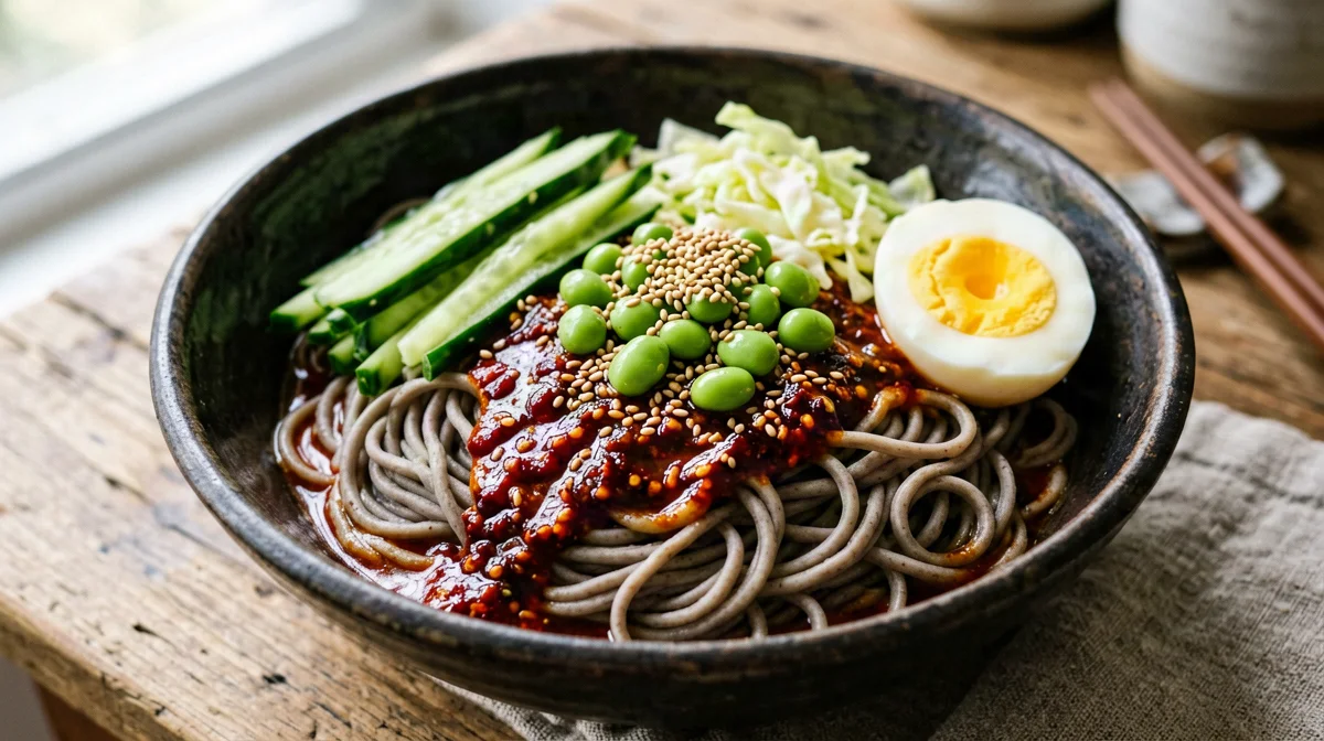 Bibim guksu, noodle freddi piccanti con cetriolo e uovo