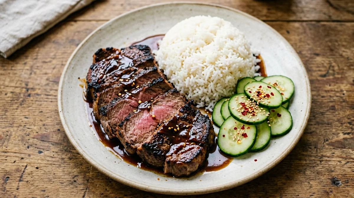 Galbi-style flank steak with rice and cucumber