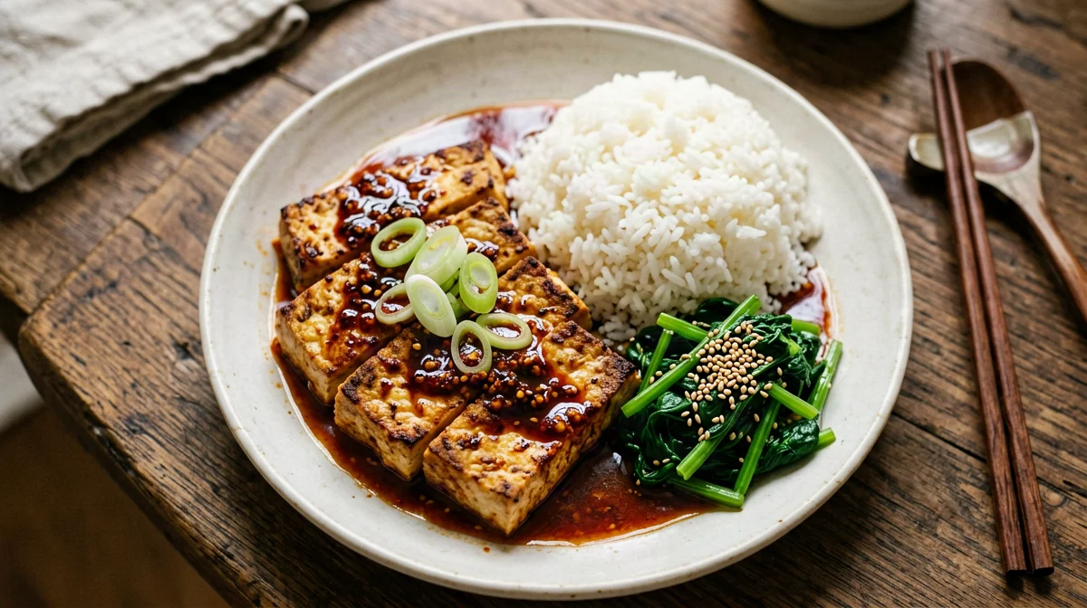 Dubu jorim, tofu brasato piccante alla coreana con riso