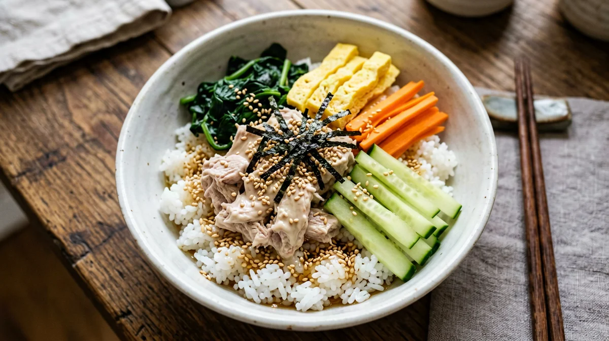 Bowl di kimbap destrutturato con tonno, uovo e spinaci