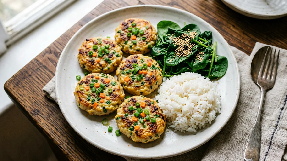 Polpette coreane di tofu e manzo con spinaci al sesamo