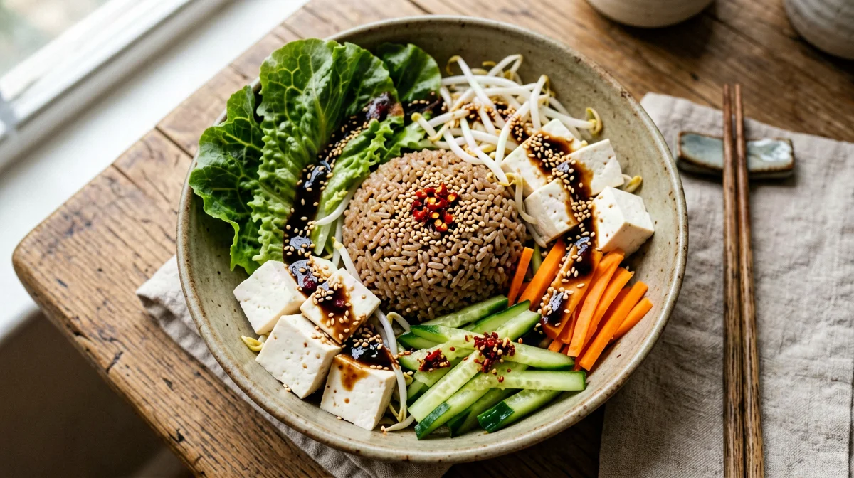 Insalata coreana di tofu con germogli e salsa al sesamo