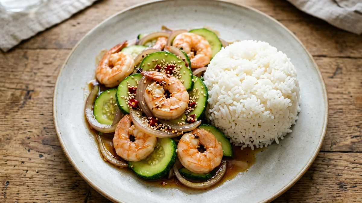 Gamberi saltati alla coreana con zucchine e sesamo