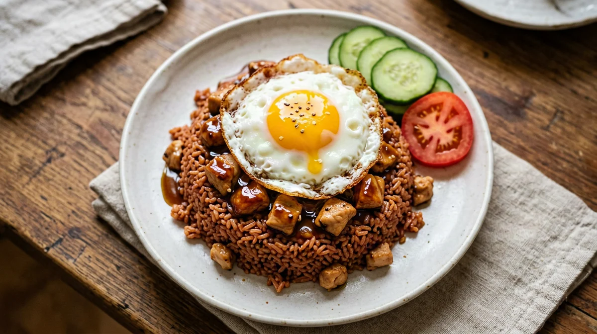 Chicken nasi goreng with egg and cucumber
