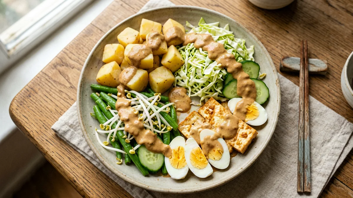 Gado-gado with tofu, eggs, potatoes and peanut sauce