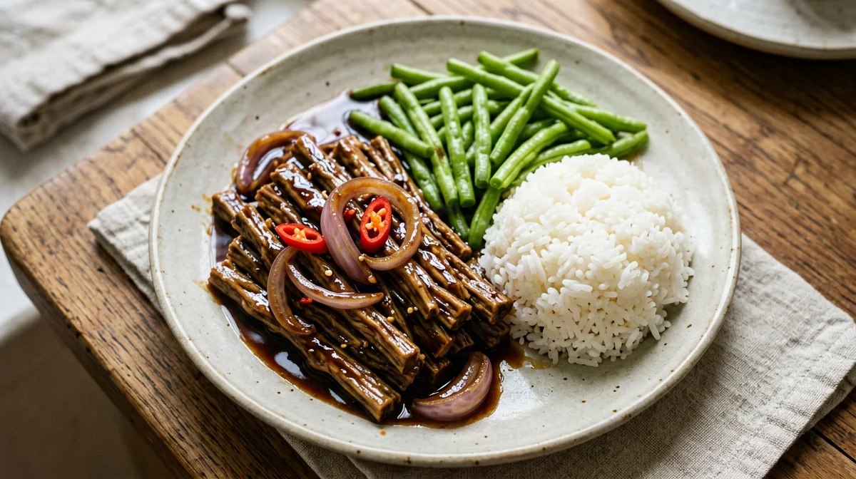 Caramelised tempeh orek with green beans and rice