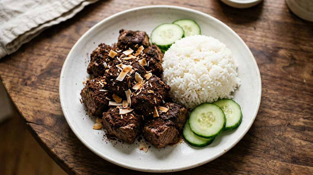 Light beef rendang with rice and cucumber