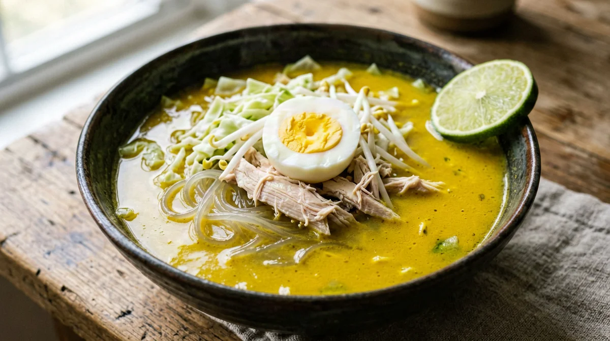 Soto ayam, zuppa di pollo alla curcuma con noodle e uovo