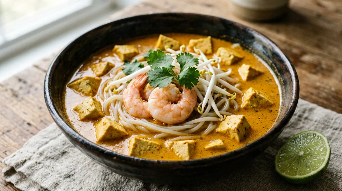 Laksa di gamberi al cocco con noodle di riso