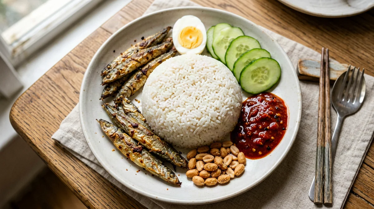 Nasi lemak leggero con alici, uovo, arachidi e sambal