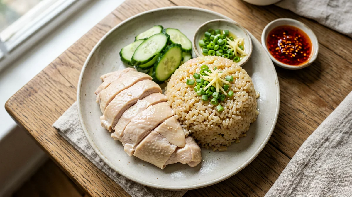 Hainanese chicken with ginger rice and spring onion sauce