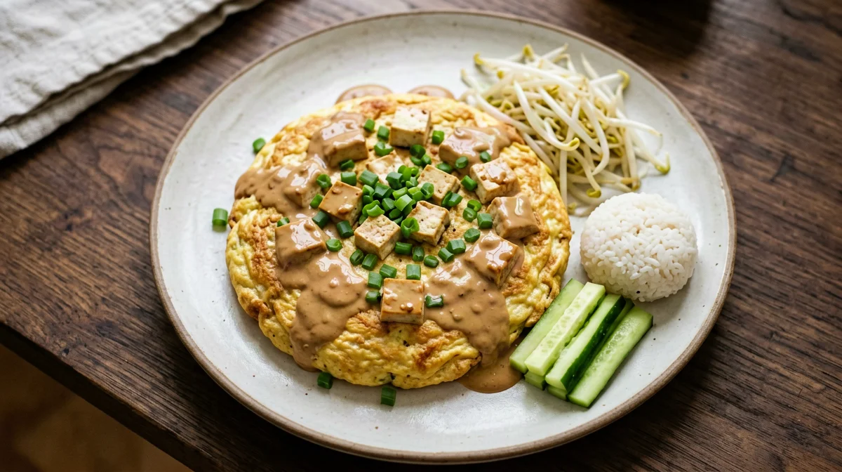 Tahu telur, frittata di tofu con salsa di arachidi e germogli