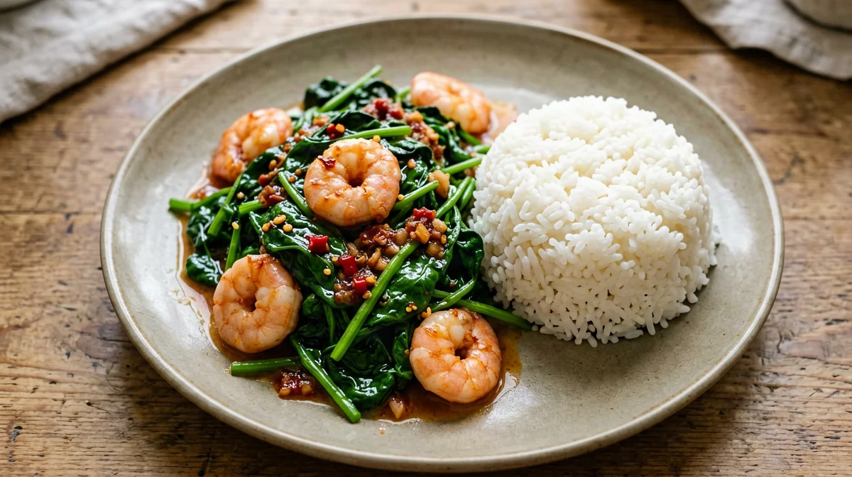 Spinaci saltati al sambal con gamberi e riso jasmine