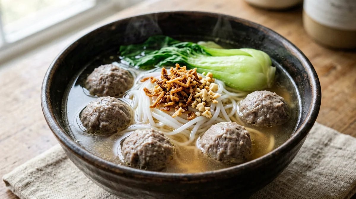Bakso beef meatball soup with noodles and pak choi