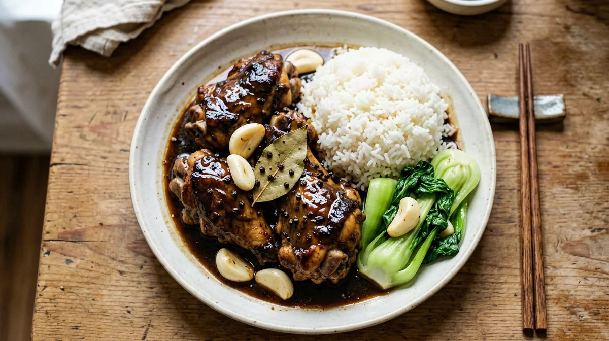 Adobo filippino di pollo leggero con riso e pak choi