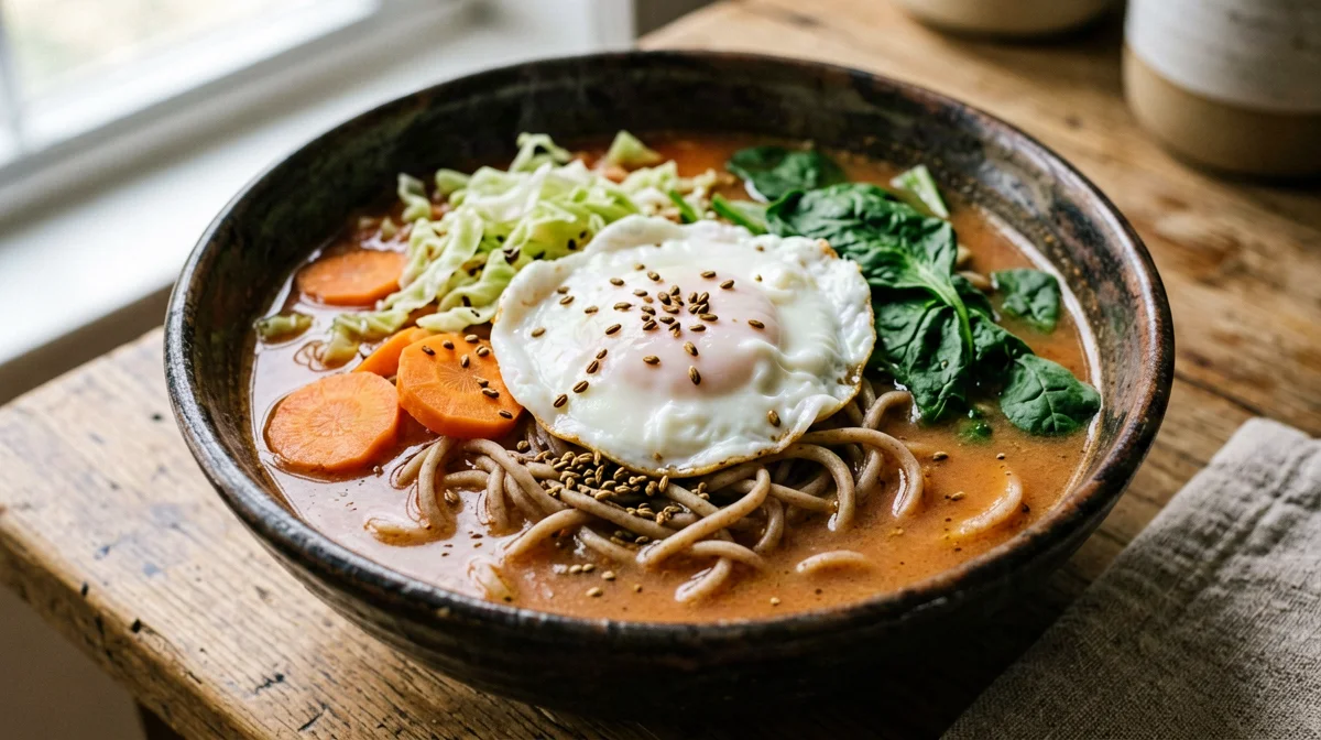 Tibetan thukpa with wholewheat noodles, vegetables and egg