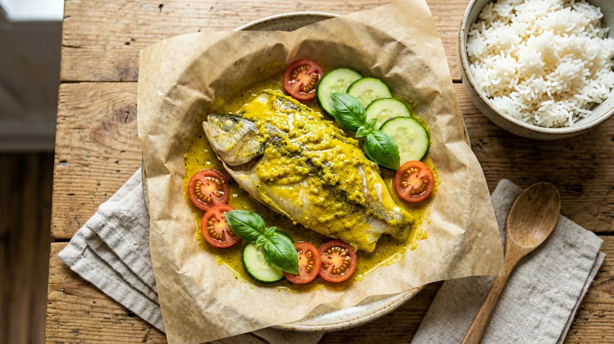 Pepes sea bass parcel with turmeric and tomato
